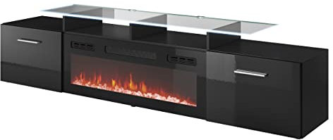 Mirjan24 TV Schrank mit Elektrischem Kamin Rozion, Realistische LED-Flamme, Mit Deko-Kristallen, Elektrischer Kamin mit Heizung, TV Lowboard (Schwarz/Schwarz Hochglanz, mit LED Beleuchtung)
