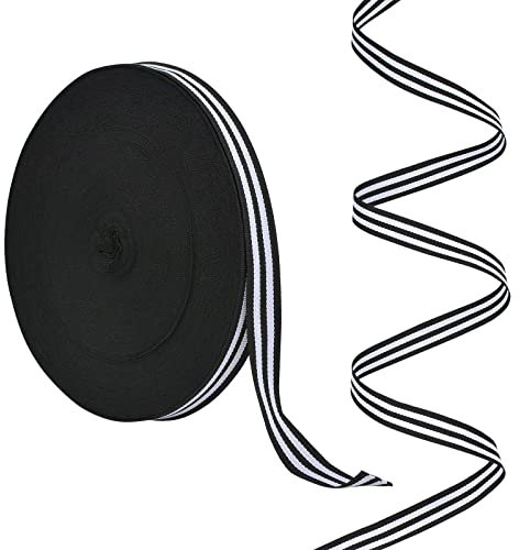 URROMA 1 rollo de cinta de grogrén a rayas, 0.6 x 50 yardas, cinta de poliéster blanca y negra para envolver regalos, boda, cumpleaños, Navidad, fiesta, suministros de decoración