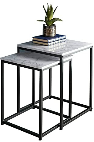 spot on dealz® Square Nest of Tables Living Room Coffee Tables Black Metal Frame with Solid Marble Wooden Effect Side End Nesting Table small Bedside Home Furniture