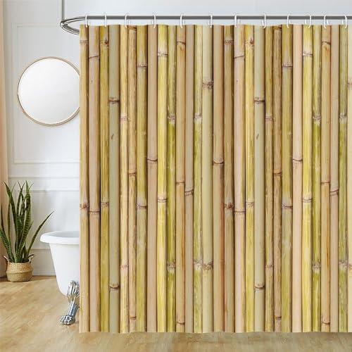 Uiiooazy Rideau Douche Bambou, Rideau de Douche Anti Moisissure 180x200cm Jaune Effet Bois Zen Rustique Rideaux de Baignoire Tissu Lavable Imperméable Polyester Rideaux Salle de Bain avec 12 Crochets