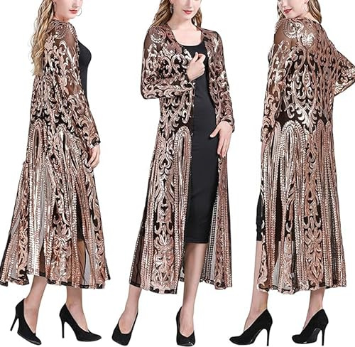 PROMLINK Sequin Cardigans Duster Sparkly Blazer Jackets Long for Women Evening, Black Pure, XL