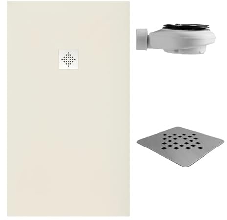 SoulHome Receveur de douche Résine 150x70 Crème Clair Grille Standard | Antidérapant C3, extra-plat, résine et charge minérale, texture pierre lisse, antibactérien, gel-coat, + bonde d'évacuation