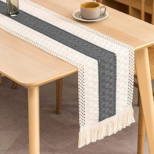 TischläUfer Modern 180 cm Lang, Table Runner Geruchsneutral, TischläUfer Hochzeit Boho Vintage, TischläUfer Makramee mit Quaste, Tisch LäUfer für Hochzeit/Bankett Dekorativ (Grau)