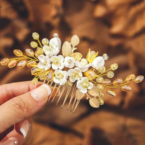 IYOU Brautschmuck Hochzeit Haarkämme Gold Blume Haarschmuck Blatt Perlen Kopfschmuck Abschlussball Braut Hochzeit Seitenkamm für Frauen