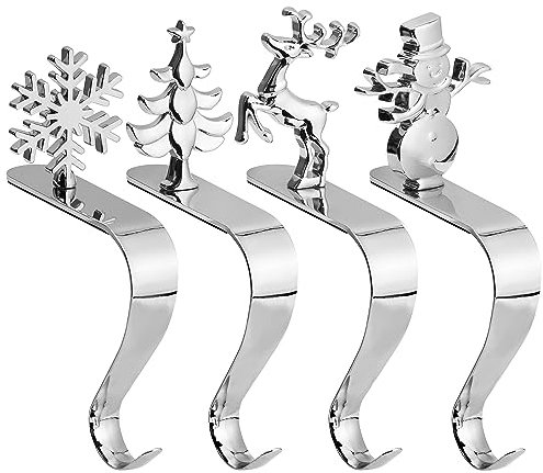BELLE VOUS 4er Set Silberner Kaminhaken Weihnachtsstrumpf Halter - 4 Muster Schneeflocke, Schneemann, Weihnachtsbaum & Rentier Silber Nikolausstrumpf Halter - Metallklemmen für Kamin Deko Weihnachten