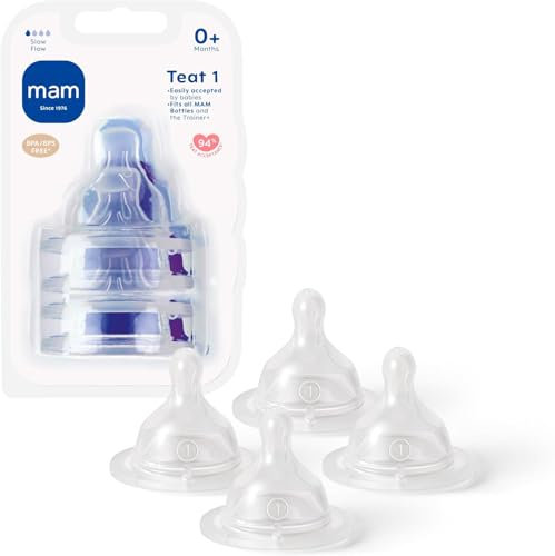 MAM Teats Size 1 | 4 Pack | Slow Flow | Fits All MAM Bottles | Made from SkinSoft Silicone | Baby Accessories for Newborn