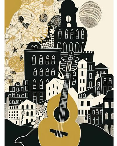 Artery8 Edinburgh Cityscape Fringe Festival Guitar Linocut Extra Large XL Wall Art Poster Print