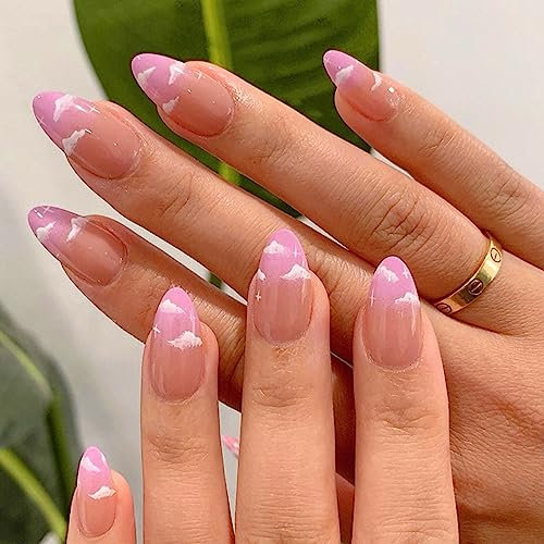 24Pcs French Fake Nails Short, Almond Press on Nails Glossy Nude Pink False Nails with Water Drop & Clouds Design, Oval Acrylic Reusable Full Cover Glue on Nails for Women Girls Nail Art Accessories