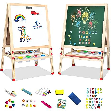 Savieva Holz Doppelseitige Kreidetafel für Kinder Tafel Malerei Holztafel Maltafel Schreib Schultafel für Kinder ab 3-15 Jahre ,Kreidetafel und Whiteboard Höhenverstellbar Standtafel (Extra groß)