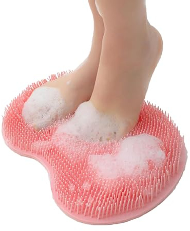 Estropajo de pies y espalda de ducha con ventosas, limpiador de pies de ducha montado en la pared, cepillo de limpieza de pies de silicona exfoliante para baño (rosa)