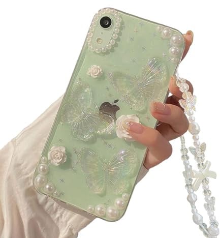 Faneiy for iPhone XR Case with Phone Charm Chain,3D Butterfly Flower Pearl Cute Aesthetic Phone Case,Crystal Clear Glitter Protective Case Women Girl for iPhone XR 6.1''