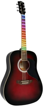 EKO Guitars – Ranger Red Visual Note, Akustikgitarre Dreadnought Visual Note, Oberteil aus Fichte, Bänder und Boden aus Linden, LED-Folie Visual Note mit der entsprechenden App, Farbe Rot