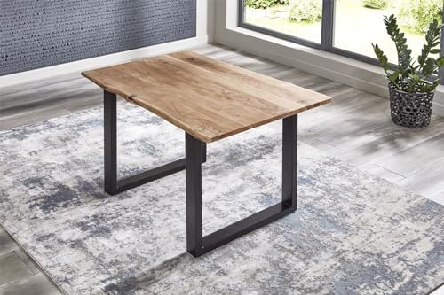 Bett11 SAM B-Ware Esszimmertisch 120x80 cm Bamberg, echte Baumkante, Esstisch aus Akazienholz massiv + naturfarben, Baumkantentisch mit U-Gestell Schwarz