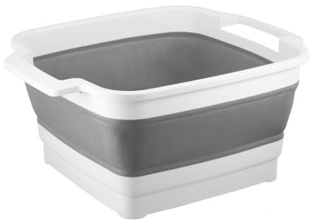 HOMESHOPA Collapsible Dishpan with Draining Plug & Carry Handle, 9 Litre Foldable Washing Bowl, Portable Dish Washing Tub, Space Saving Sink Basin, Kitchen Storage Tray Vegetable Washing Camping-Grey