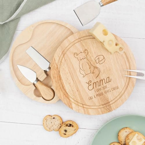 Wanapix | Tabla de Quesos Personalizada | Set Tabla + 4 Cuchillos de Acero Inoxidable | Bandeja/Estuche de Madera con Texto Grabado | 22ø cm | Te quiero ratón