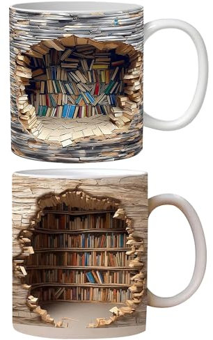 3D Bookshelf Mug - 3D-Bücherregal-Tasse, A Library Shelf Cup, Kaffee-Tasse, Bibliothek Bücherregal Becher, 3D Kaffeetasse Ein Fantastisches Geschenk Für Bücherliebhaber, 2PCS BC