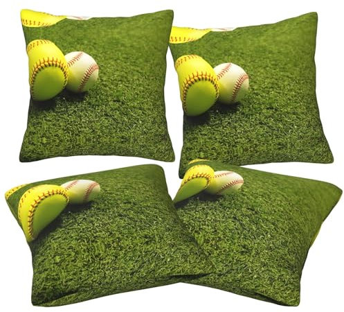 Jmorco 4 quadratische Kissenbezüge mit Gras-Baseball-Softball-Kissenbezügen, superweicher Kissenschutz mit Reißverschluss, für Couch, Wohnzimmer, Sofa, Bett, Büro, Auto