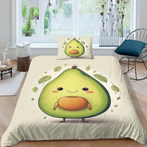 AAHARYA Niedliche Avocado Bettwäsche 3D Bettbezug Mikrofaser Bettwäsche-Sets,Autostoon Fruit Bettbezüge Mit Reißverschluss Und Kissenbezüge Für Schlafzimmer, Weiche Bequemer Single(135x200cm)