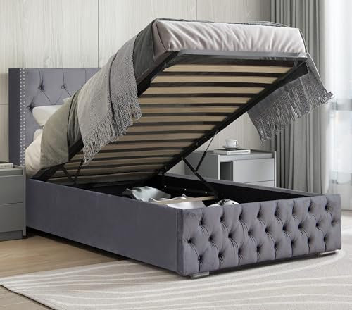 Upholstered Ottoman Bed Single Bed Frame UKFR Velvet Dark Grey Ottoman Storage Bed with Gas Lift End Opening Wooden Slats with Storage Bed (3ft Single 90 x 190, No Mattress)
