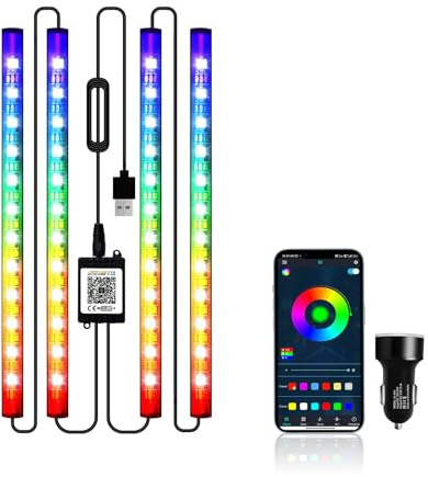 Car LED Interior Light, Neon Lights 12v RGB Interior Light Strip Footwell Light Strips USB with App Control Under Dash Car Light Motorcycle Dreamcolour Pack of 4 (No remote control)