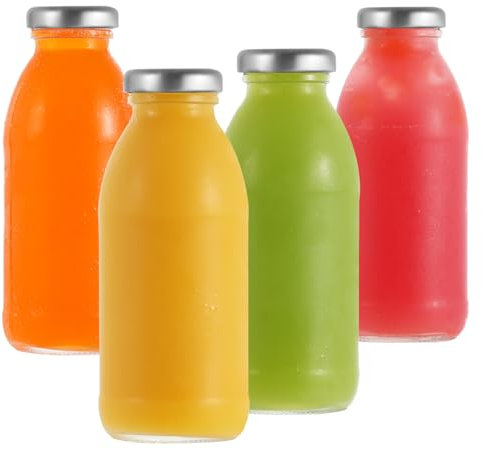 LIMILI Glass Milk Bottles with Lids, 4PCS Clear Glass Drinking Bottles, 280ml, Fridge & Dishwasher Safe