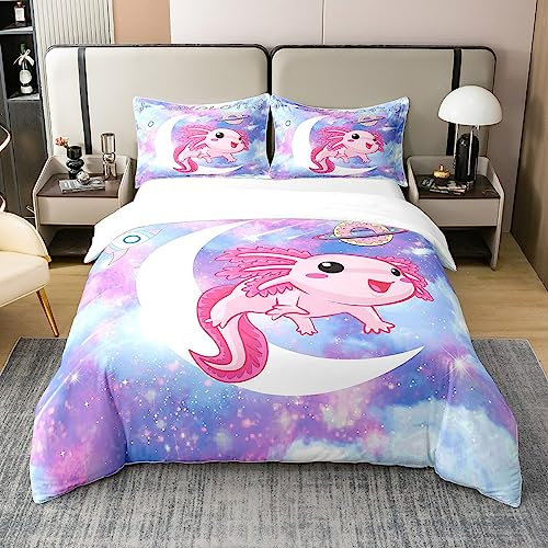 Loussiesd Kawaii Axolotl 100% Baumwolle Bettwäsche Set Axolotl Rosa Purple Galaxy Bettbezug Set 100% Baumwolle 3D Tiere für Kinder Salamander Bettwäsche Set Zimmer Dekor Bettbezug 135x200cm