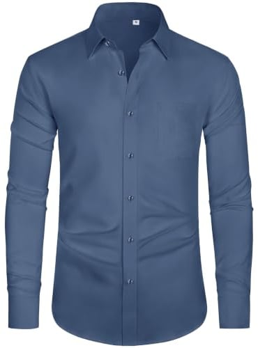 J.VER Herren Faltenfrei Business Langärmeliges Hemd Dehnbar Comfort Fit Freizeit Hemd Bügelleichtes Casual Tasche Smokinghemd,Blaugrau,M