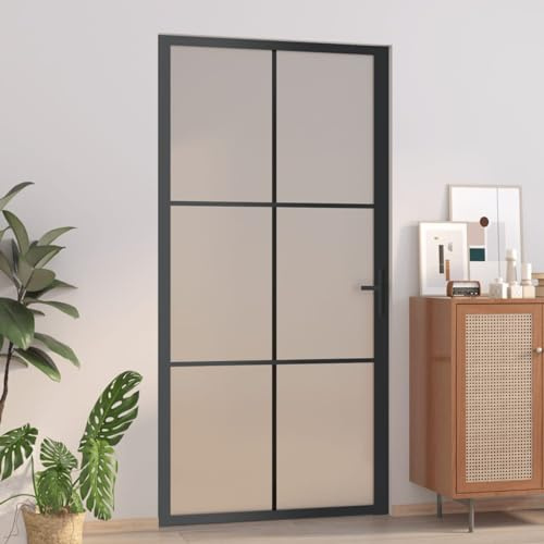 Puerta Interior de Vidrio Templado, 102,5 x 201,5 cm con Marco de Aluminio Negro y Transparente, Panel Mate con Línea Decorativa Vertical para Hogar y Oficina