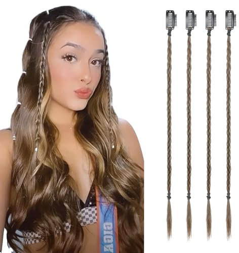 Flufymooz 4PC Braid in Haarverlängerung 35 cm Clip in Braid Extensions für Frauen Synthetische Haarteile für den täglichen Gebrauch Party-Styling (Dunkelaschbraun)