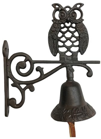 Goldbach Wandglocke Eule aus Gusseisen 22cm Türglocke Guss, Gartendeko, antikes Design, Dunkelbraun, 1 Stück Glocke, Antik Retro Landhaus Ornament