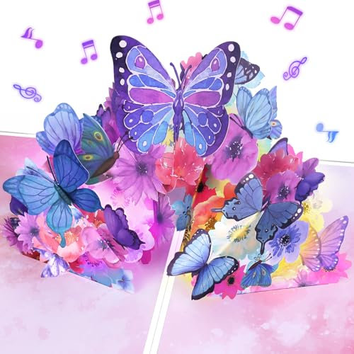Geburtstagskarte mit Musik und Licht, Geburtstagsgeschenk für Frauen, Pop-up Geburtstagskarten 3D Schmetterling Blumen, Geburtstagskarte mit Musik für Frauen Kinder, Pop up Karte Geburtstag Musik