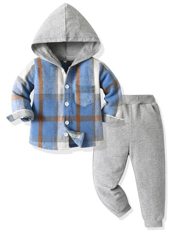 Yanmucy Kleinkind Baby Jungen Kleidung Outfit 2PCS Baumwolle Plaid Junge Hoodies Hemd Tops Hosen Set Kleine Jungen Anzug Kinder Trainingsanzug Frühling Herbst Kleidung Set (Blau, 2-3 T)