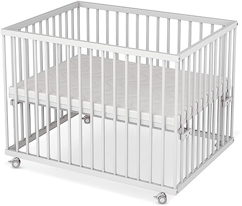 Sämann Laufstall Baby mit Matratze SleepPlus | TÜV geprüft | stufenlos höhenverstellbar | Laufgitter Premium | Babybett aus Holz | Krabbelgitter (weiß, 75x100 cm)