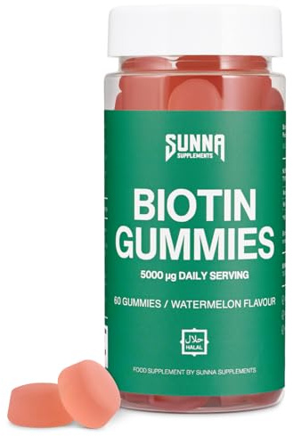 SUNNA SUPPLEMENTS Biotin Gummies 5000mcg – Halal, Gelatine-Free Hair Growth Gummies for Women – Supports Hair, Skin & Nails – Natural Watermelon Flavour – 60 Count