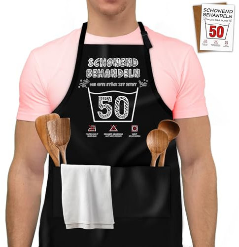 TUZELIYA 50 Grillschürze für Männ, Geburtstag Mann Lustig mit Grußkarte, Kochschürze Geburtstag Geschenk, Wasserdichte Grillschürze Küchenschürze, Geschenkideen für Männer Grillen 30/40/50/60/70