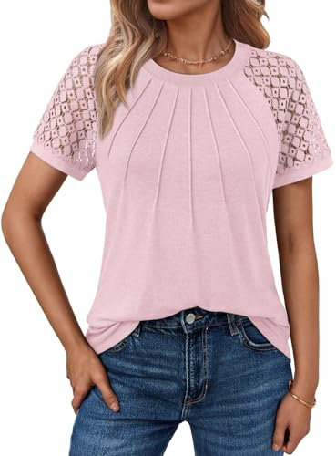 Cuptacc Blouse Femme Chic Et Elegant Haut Sexy T Shirt Manches en Dentelle Col Rond Mode Ete Rose, XXL 50