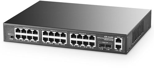 Binardat Switch POE a 28 porte, 24 porte POE+ da 100 Mbps, Uplink da 2 Gigabit, SFP da 2 Gigabit, IEEE802.3af/at, 450 W ad alta potenza, interruttore Ethernet Plug and Play non gestito in metallo