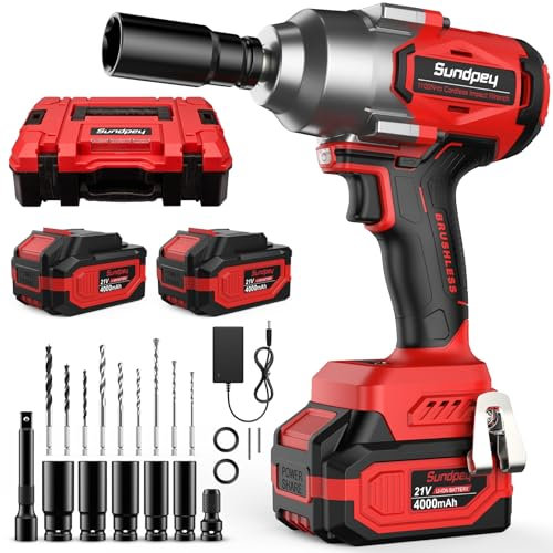 Sundpey 1100 N.m Avvitatore a Impulsi a Batteria, 21V Avvitatore ad Impulsi Brushless con 2 * 4000 mAh Batteria, 6 Bussole, 9 Punte, Caricatore Rapido e Adattatore esagonale da 1/2 per Auto e Uso