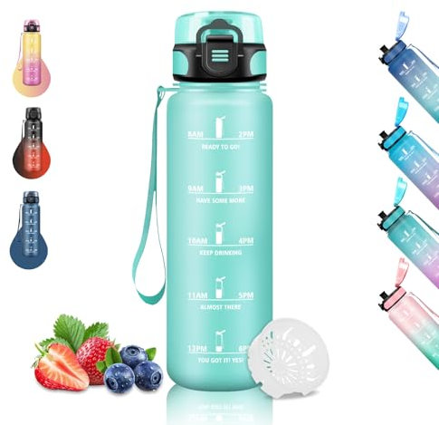 Gourde 1l, Gourde Sport Anti-Fuite, Gourde Graduée, Gourde Adulte avec Slogan de Motivation, Gourde Reutilisable, Facile à Transporter, Bouteille d'eau pour Extérieur, Camping, Randonnée, Yoga, Vert