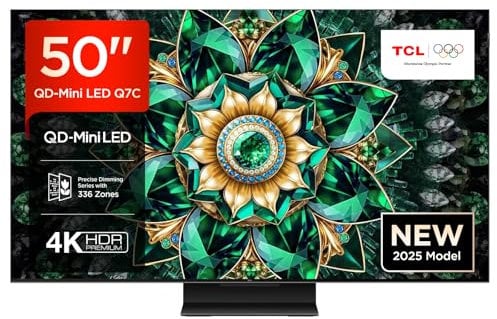 TCL 50Q7C QLED Mini LED Fernseher, 50 Zoll, 4K HDR Premium, Dolby Vision IQ & Atmos, Smart TV mit Google TV, Onkyo 2.0 Sound, 144Hz VRR, AMD FreeSync Premium Pro, HDMI 2.1, AirPlay 2, Alexa