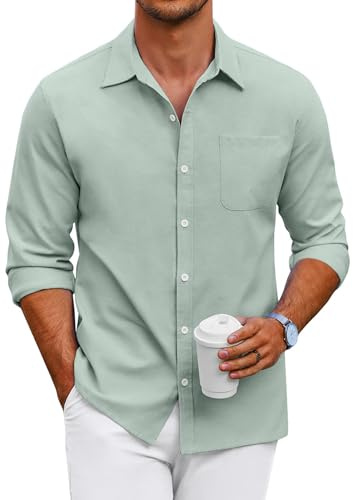 COOFANDY Hemden Herren Langarm Freizeithemd Casual Business Hemden für Herren Langarmhemd Baumwolle Regular Fit Oberhemden Langarm Bügelfrei Oxford Button Down Shirt Einfarbig Hellgrün L