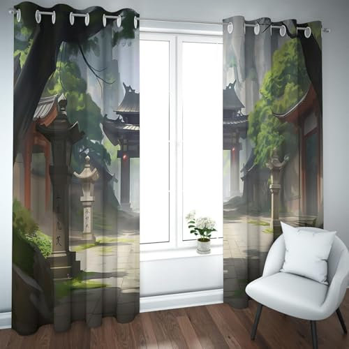 TOANGWALL Asia Style Verdunkelungsvorhänge für Glasschiebetür Bergspitze Retro Gebäude Wald Weg Muster Öse Fenster Vorhänge 2 Paneele B140xH200cm