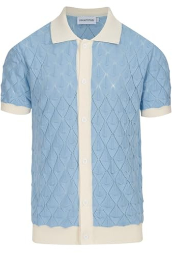 OXKNIT Herren Poloshirt Blau Vintage 1970er Strickhemd Button Down Kurzarm mit Cremefarbener Zierleiste