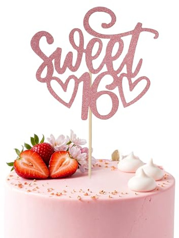 Nogeqi Glitter Sweet 16 Cake Topper for Happy 16th Birthday, 16th Happy Birthday Cake Topper, Cheers to 16 Years Old 16th Birthday Party Cake Decorations Supplies Rose Gold