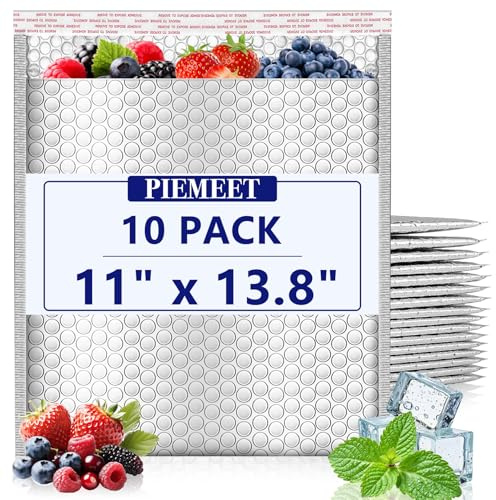 PIEMEET 10Pcs Thermal Bubble Mailer, 11 x 13.8 Inch Foil Insulated Mailers, Self Seal Padded Envelopes, Waterproof Cold Insulated Shipping Bags, Metallic Bubble Mailers for Cold Shipping Food, Silver