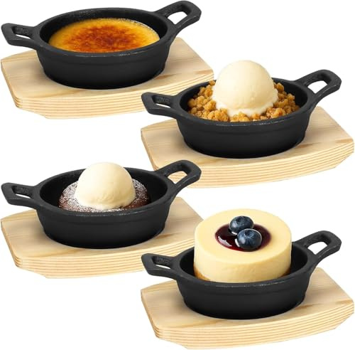 4er-Set Mini-Gusseisenpfannen mit Holzuntersetzern, Kleine Servierpfannen (10 cm), Runde Gusseiserne Fajita-Pfannen für den Ofen & Servieren, Ideal für Tapas, Desserts und Beilagen