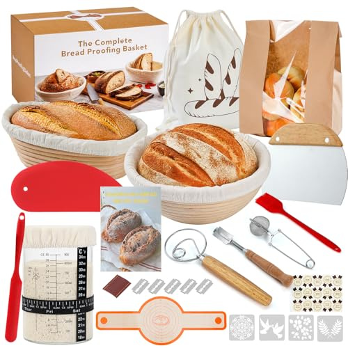 Cesta de Fermentación para Pan Redonda + Ovalado, 31 Piezas Kit Cesta de Prueba de Pan, Cristal de Fermentación, Cesta para Pan de Masa Madre para Principiantes y Experimentados, Caña