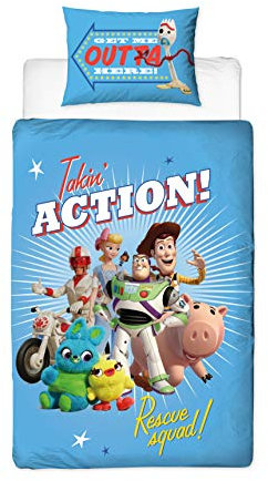 Character World Offizielles Toy Story 4 Einzelbett-Bettbezug, Rescue-Design, wendbar, zweiseitig, Bettbezug mit Woody & Buzz Lightyear mit passendem Kissenbezug