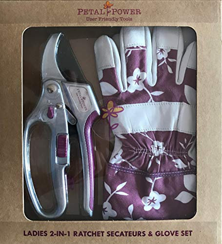 Ladies Leather Gardening Glove & Advanced 2-in-1 Ratchet Secateurs (Great for Weaker Hands) Set - Premier Leather Gloves & Durable, Lightweight Pruners - Perfect Garden Gift for Women (Glove - Medium)