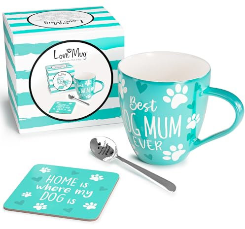 Love Mug®: A Heartfelt Gift for The Best Dog Mum. Perfect for Mothers Day, Featuring A Large Dog Mug with A Printed Message Inside, A Coaster and an Engraved Teaspoon. Award Winning Retailer
